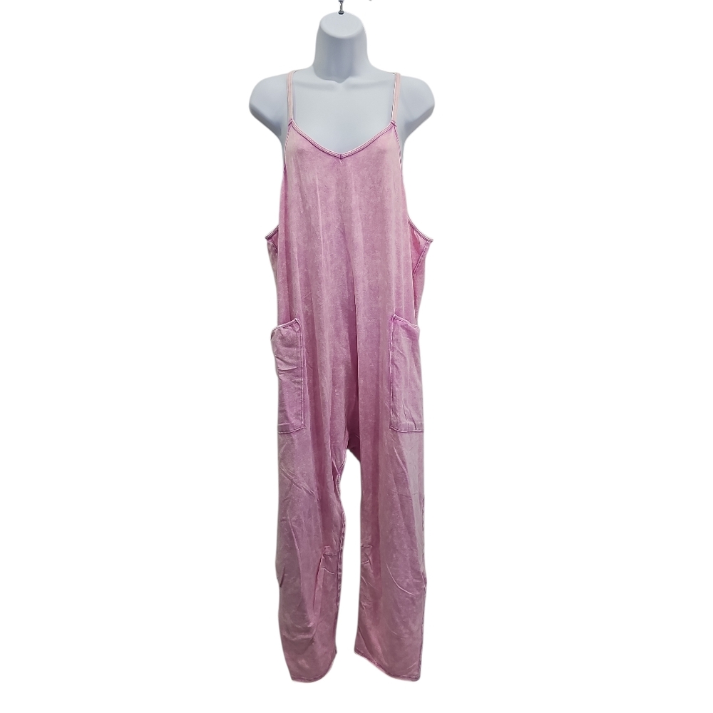New Zenana Pink Sleeveless Jumpsuit Pockets Size L XL Mineral Wash - Picture 3 of 3